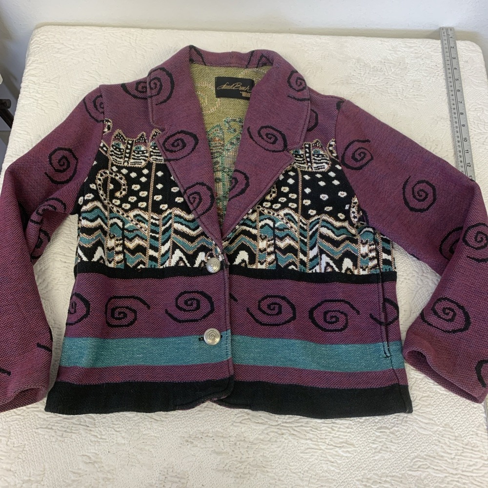 LAUREL BURCH Art by Silverado Feline Boho Woven Tapestry Crop Jacket Size Medium
